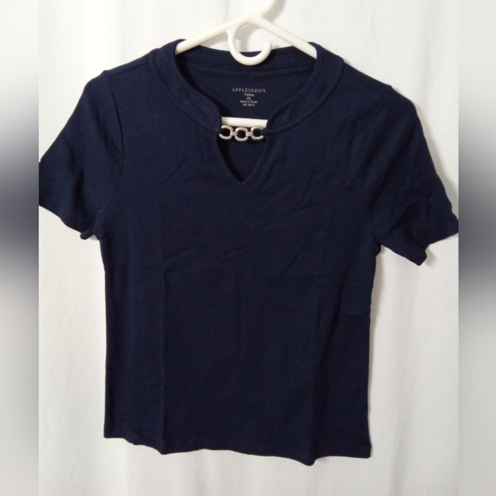 NWT Navy Blue Short Sleeve Cotton Top Shirt Silver Chain Detail Bling Petite Sm